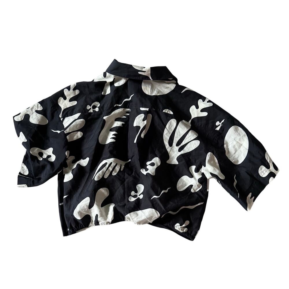 $348 Women's Frame Black & White Silk Cropped Twist Front Collared Shirt Medium - Picture 3 of 8